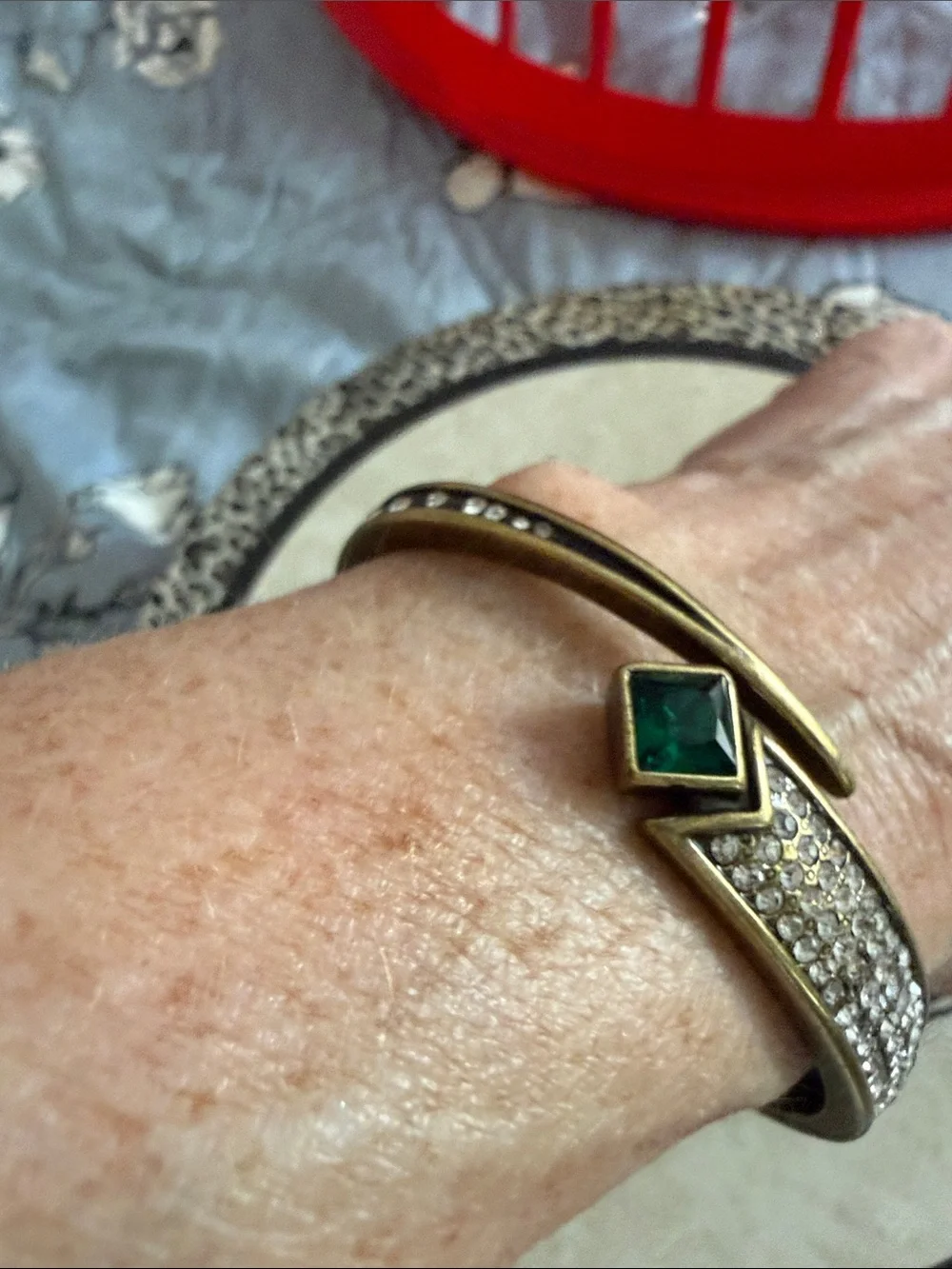 Vintage RG JM Gold Tone Bangle with Emerald Green Stone and many clear stones